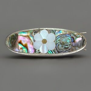 Vintage Mexico Alpaca Mother of Pearl Daisy Inlay Abalone Double C Clasp Brooch